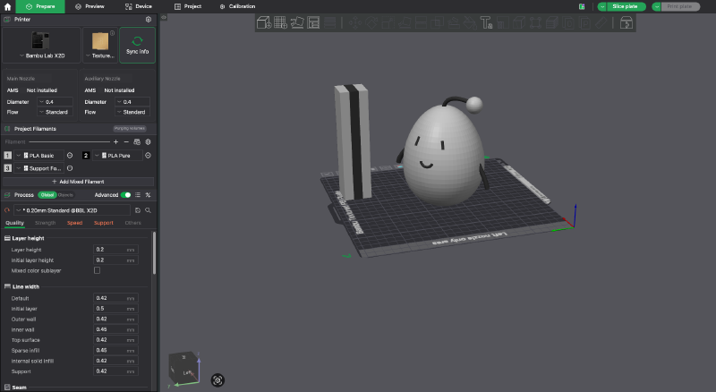 Bambu Studio showing the Isty model on the build plate next to a prime tower