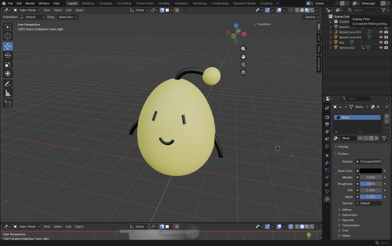 Blender viewport showing the Isty model with its outliner and material settings