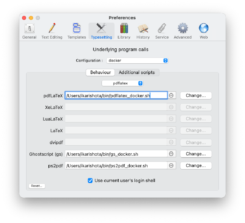 LaTeXiT Typesetting preferences configured to use Docker wrapper scripts
