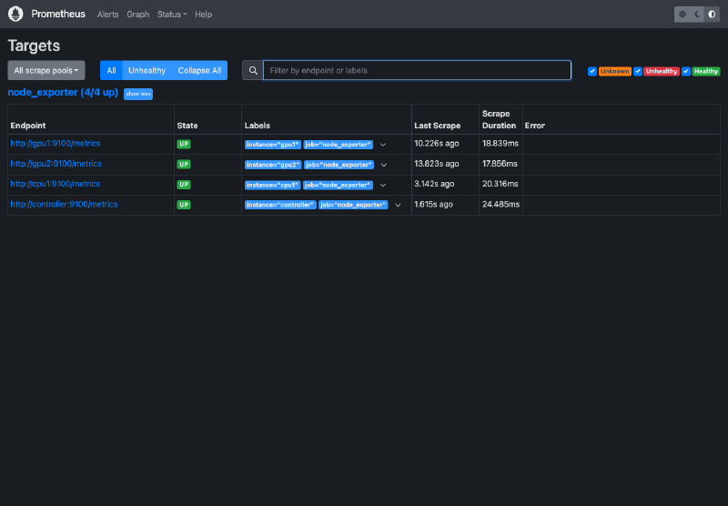Prometheus targets showing node exporter endpoints are up