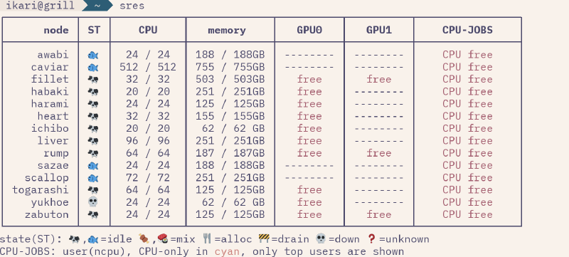 sres terminal output showing CPU, memory, GPU availability, and Slurm node states in the lab cluster